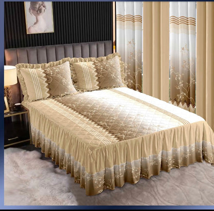 7-Piece King Comforter Set – Burnt Embroidered Quilted Coverlet + 4 Curtains