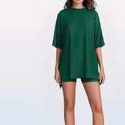 Crewneck Two-Piece Set For Women Summer  Casual Oversized  Split Hem Shirts