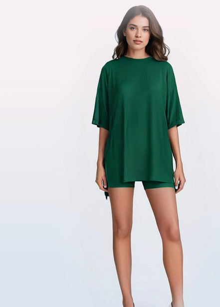 Crewneck Two-Piece Set For Women Summer  Casual Oversized  Split Hem Shirts