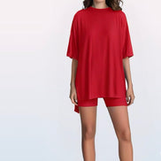 Crewneck Two-Piece Set For Women Summer  Casual Oversized  Split Hem Shirts