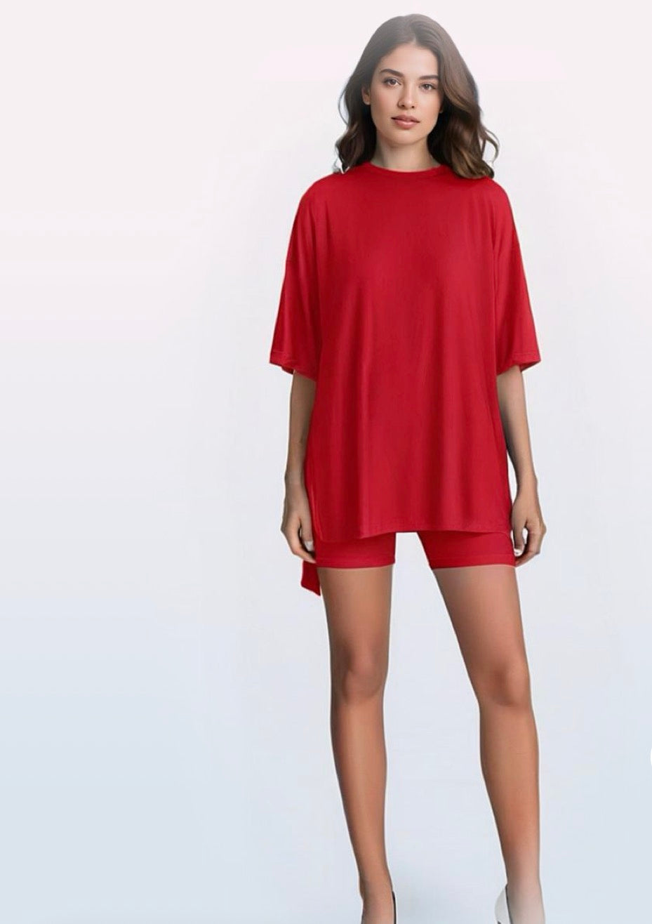 Crewneck Two-Piece Set For Women Summer  Casual Oversized  Split Hem Shirts