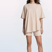 Crewneck Two-Piece Set For Women Summer  Casual Oversized  Split Hem Shirts