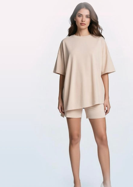Crewneck Two-Piece Set For Women Summer  Casual Oversized  Split Hem Shirts