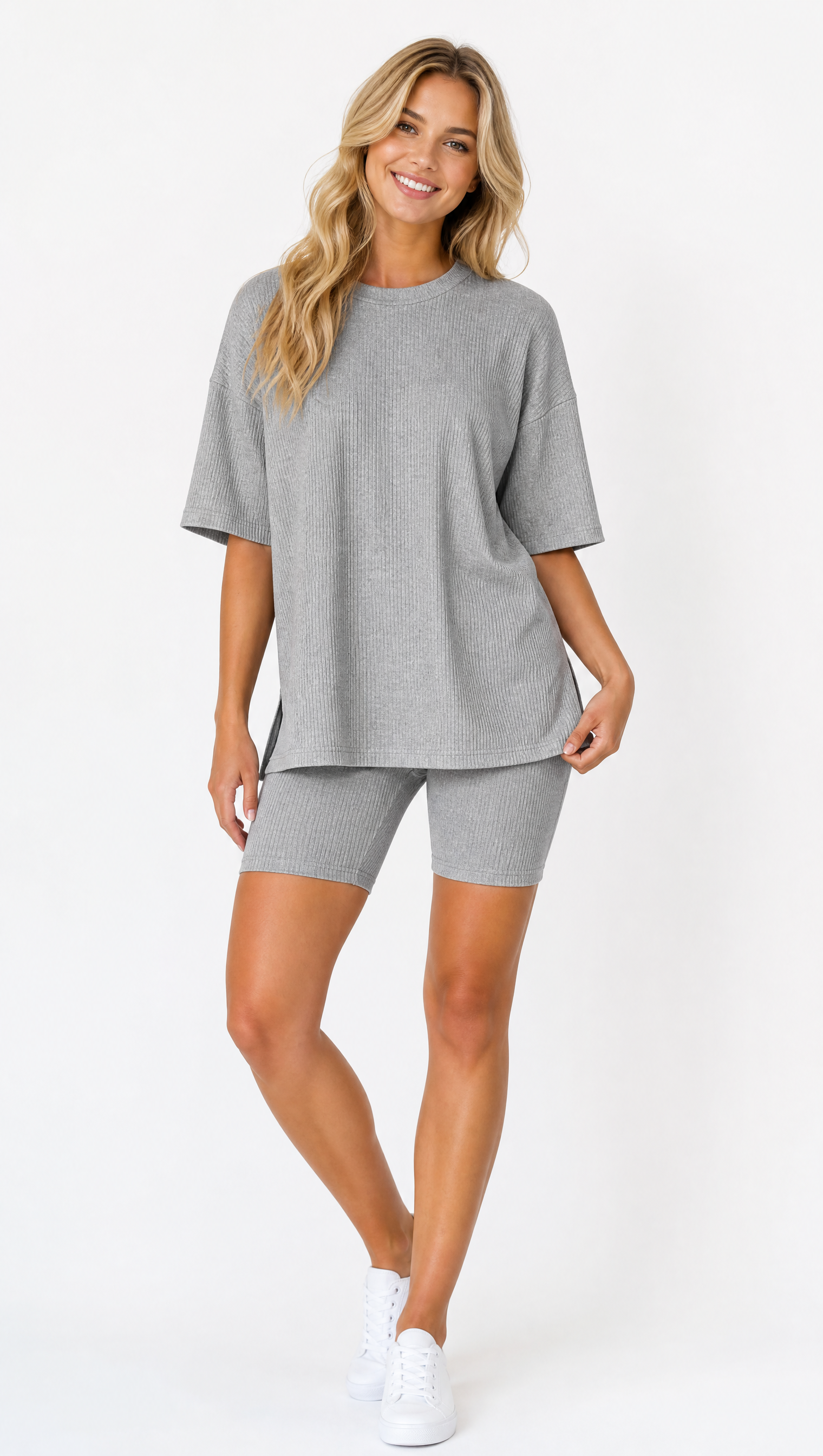 Crewneck Two-Piece Set For Women Summer  Casual Oversized  Split Hem Shirts
