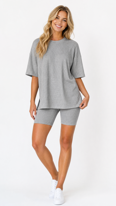 Crewneck Two-Piece Set For Women Summer  Casual Oversized  Split Hem Shirts