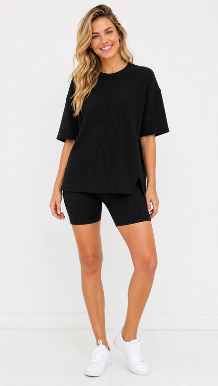 Crewneck Two-Piece Set For Women Summer  Casual Oversized  Split Hem Shirts