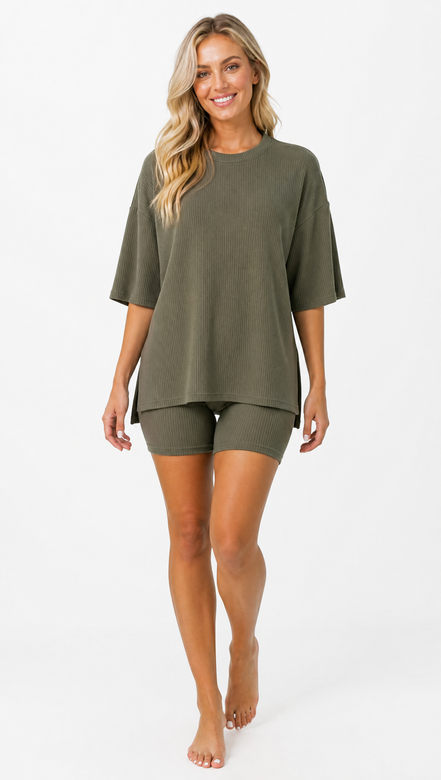 Crewneck Two-Piece Set For Women Summer  Casual Oversized  Split Hem Shirts